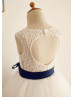 Ivory Lace Handkerchief Tulle Skirt Keyhole Back Flower Girl Dress